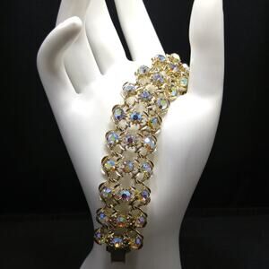 Vintage Aurora Borealis Rhinestone Wide Bracelet, Gold Plated, 1960s